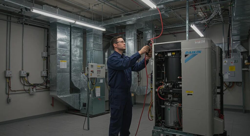 Technician performing maintenance on a Daikin HVAC system in a mechanical room