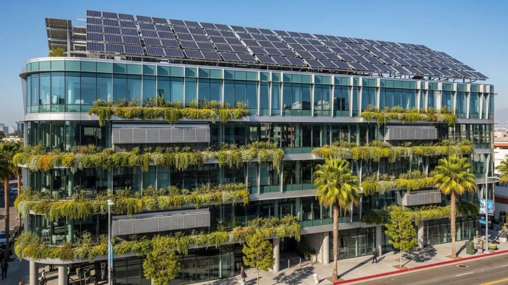 Modern green building in Los Angeles with solar panels and greenery