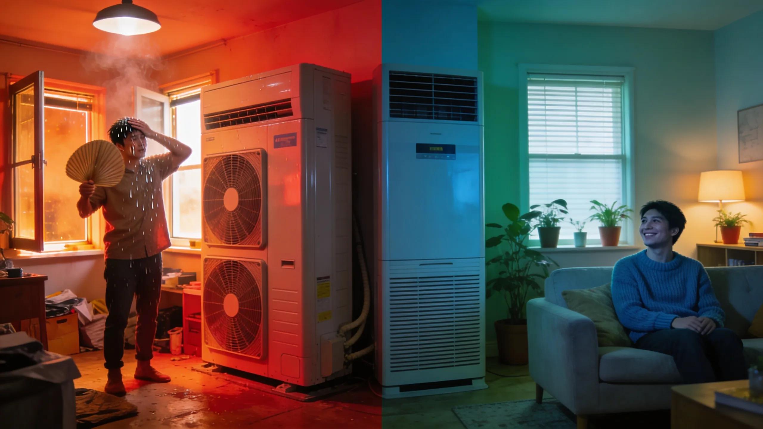 Comparison of oversized versus optimally sized HVAC systems in residential settings, illustrating energy efficiency and comfort
