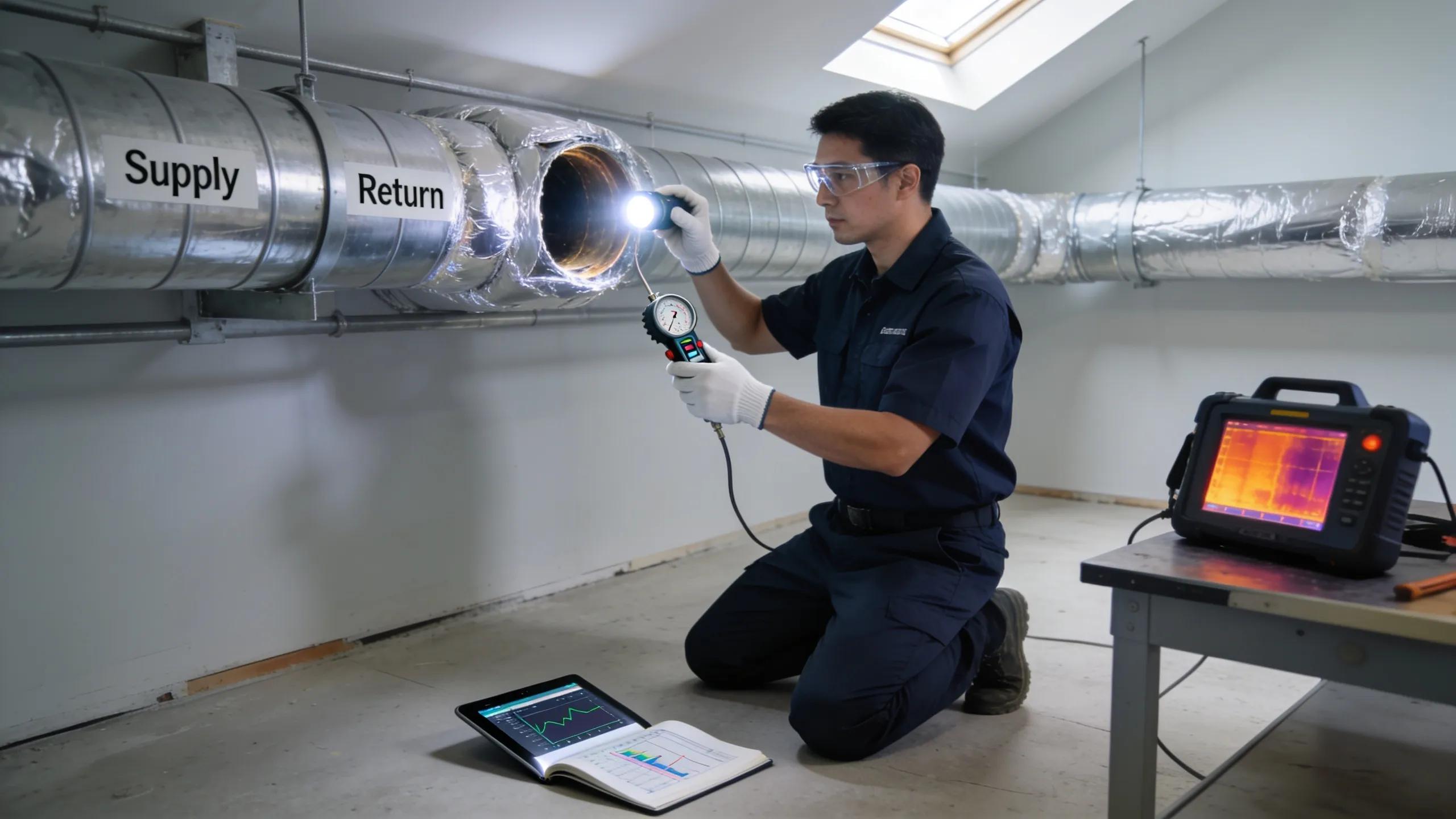 HVAC technician inspecting ductwork in a new home to prevent common system problems